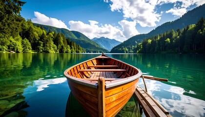 Obraz premium Boat on tranquil lake, mountain backdrop