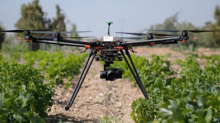 A black and red drone with a camera flying over a green field of plants.