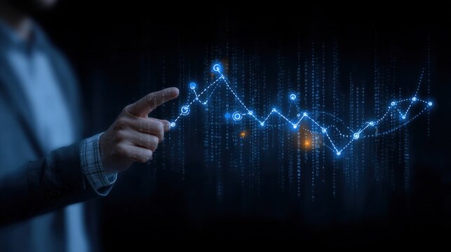 Business Professional Hand Interacting with Digital Financial Data Chart Showing Growth and Trends on Virtual Screen - Powered by Adobe