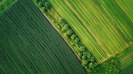 Aerial view of a green field with a dirt path and a row of trees in the middle.