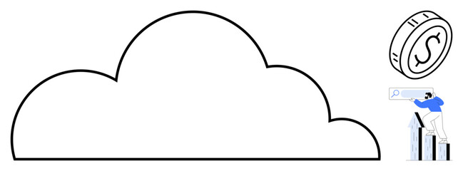 Large cloud shape representing digital cloud storage, a coin signifying financial aspects, and a man using a magnifying glass on skyscraper-thumbs up bars, symbolizing data analysis, search