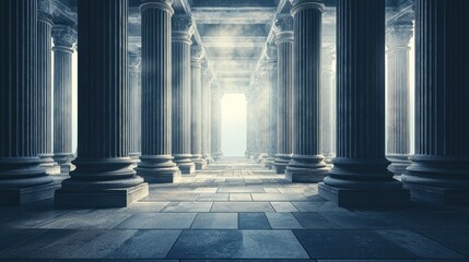 A grand, classical architectural columned hall with a bright, ethereal light at the end, evoking a sense of mystery and grandeur.
