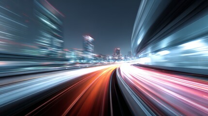 Obraz premium Dynamic urban scene showing light trails from moving vehicles at night.
