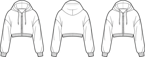 Cropped hoodie technical fashion flat sketch, zip up front view back view line drawing, CAD vector illustration template