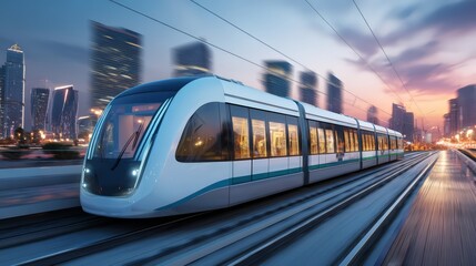 Fototapeta premium Futuristic train traveling on tracks in an urban setting during twilight.