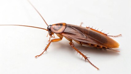 Clear side-angle perspective of a standing cockroach, presented against a bright backdrop to ensure maximum focus on the creature itself. Useful for educational materials, pest identification guides