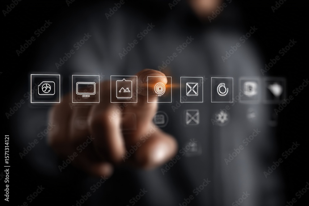 Poster Businessperson Touching Digital Icons on Transparent Screen Showing Technology Interface for Modern Innovation and Data Management