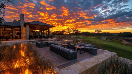 Luxurious Golf Course Sunset: Dramatic Sky Over Modern Outdoor Lounge
