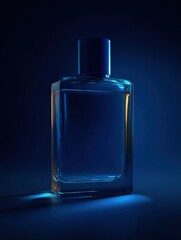 Elegant blue glass perfume bottle with minimalistic design under moody lighting on dark background for luxury fragrance product display