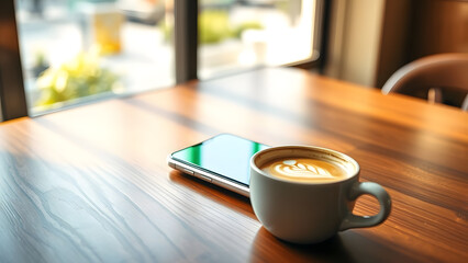 A coffee cup with latte art sits beside a smartphone on a warm wooden table bathed in sunlight, perfect for a relaxing break.