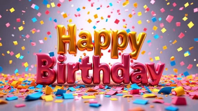 Celebrate with this shiny Happy Birthday message and falling confetti, ideal for party invites and joyful occasions.