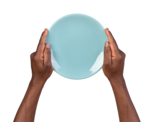 Human hands holding an empty plate isolated on white or transparent background, top view