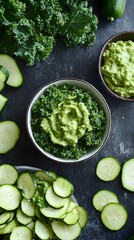 Obraz premium Freshly sliced zucchini and kale with a vibrant green dip.
