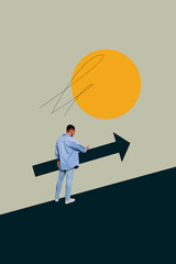 Image pop 3d zine vertical collage of happy businessman businesswoman stand arrow development career chance promotion employee