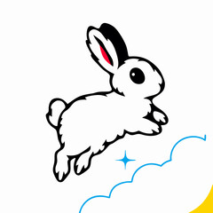 Cute White Rabbit Jumping on Clouds Cartoon Illustration