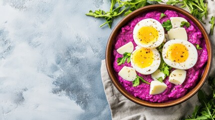 Beetroot Mash with Egg: A vibrant bowl of beetroot mash, artfully garnished with sliced egg and fresh arugula, presents a delightful composition of colors and textures.