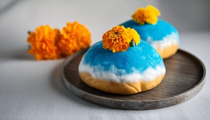 delicious cloud bread with blue and white colors decorated with marigold flowers roti awan trendy viral snack concept of sweet food baking desserts confectionery cake shop