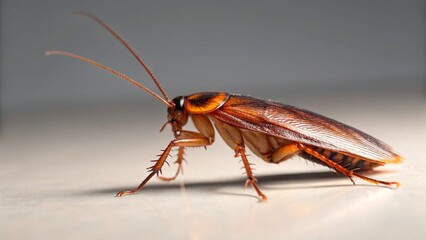 Crisp, well-lit image of a brown cockroach standing still in a side pose on a bright, uncluttered surface. This professional shot is perfect for commercial use, advertising