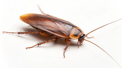 Clear top-down perspective of a standing cockroach, presented against a stark white backdrop to ensure maximum focus on the creature itself. Useful for educational materials