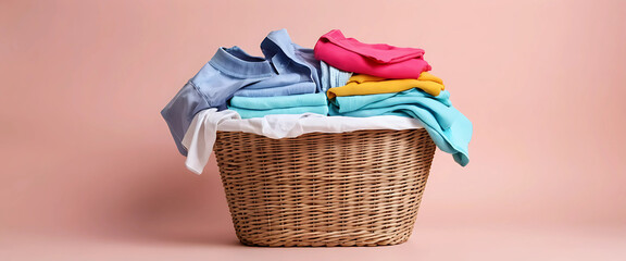 Isolated laundry basket with colorful clothes inside.

