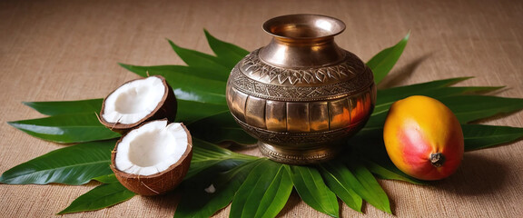 Isolated Kalash (pooja pot) with coconut and mango leaves.

