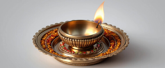 Transparent PNG of a decorated brass diya lamp with flame.


