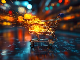 Digital Shopping Cart with Sparks and Lights in Abstract Background