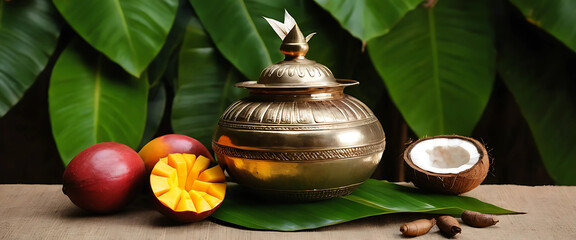 Isolated Kalash (pooja pot) with coconut and mango leaves.

