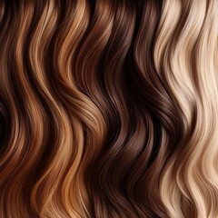 Fototapeta premium Hair extensions in different shades close-up as a background. Long hair in three light brown colors. Beautifully styled wavy shiny curls. Hair coloring, coloristics. Hairdressing procedures.