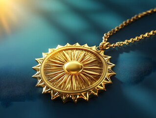Elegant Golden Medal with Radiant Sunburst Design on Blue Surface