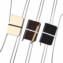 Three notebooks in different colors with a pen and black lines on white