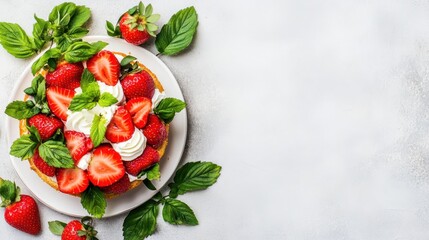 Strawberry Delight: A tantalizing strawberry tart on a pristine plate, adorned with fresh berries, mint leaves and whipped cream, inviting a moment of sweet indulgence.