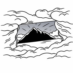 Monochrome Mountain Peak Surrounded by Clouds with a Glimmer of Sunlight Illustration