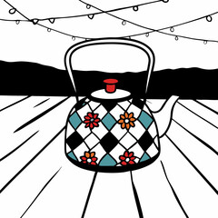Whimsical Teapot Illustration with Floral Design and String Lights on a Wooden Deck