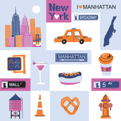 Manhattan city flat vector collection illustration. New York Manhattan culture retro symbols for icons, design, website, presentation, cards, icons