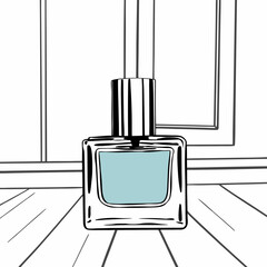 Elegant Blue Perfume Bottle on Wooden Floor Against a Modern Window Background