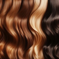 Fototapeta premium Hair extensions in different shades close-up as a background. Long hair in three light brown colors. Beautifully styled wavy shiny curls. Hair coloring, coloristics. Hairdressing procedures.