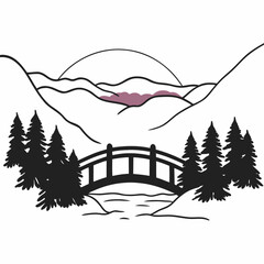 Minimalist Mountain Landscape with Bridge River and Pine Trees in Black and White