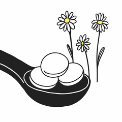 Chamomile tablets on a spoon with chamomile flowers a natural remedy illustration
