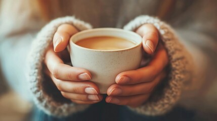 Close-up of a woman in cozy sweater holding white ceramic mug of coffee