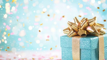 Gift Box Adorned with Gold Ribbon and Glittering Confetti: A single, elegantly wrapped gift box, accented with a shimmering gold ribbon and surrounded by a cascade of confetti.