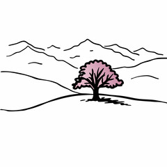 Minimalist landscape with pink tree in the foreground and mountains in the background