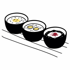 Three bowls of soup with different toppings served on chopsticks illustration