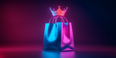 Elegant Shopping Bag with Crown on Top in Neon Background