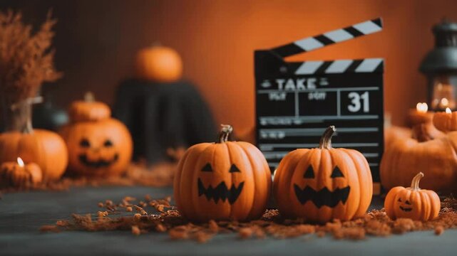 Halloween concept. Carved pumpkins with jack-o'-lantern faces are displayed in a festive autumn setting with a film clapperboard in the background.