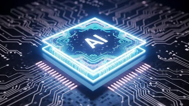 Futuristic AI Processor Glowing on Circuit Board, Artificial Intelligence Core Technology, Data Transfer, Machine Learning Concept, Tech Industry, Deep Learning, Innovation (164 characters)