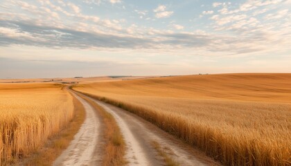 A road runs through a field of golden wheat
