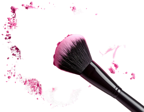 Macro side view of a fluffy makeup brush releasing a cloud of vibrant pink powder dust into the air, soft bristles and powder particles sharply detailed, isolated on transparent background