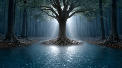 Enchanted sunrise over ancient magical tree with glowing roots by serene lake in misty forest captivating nature scene