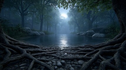 Illuminating crosslight on giant glowing roots by a misty river nature scene enchanted forest dynamic sunrise ethereal atmosphere
